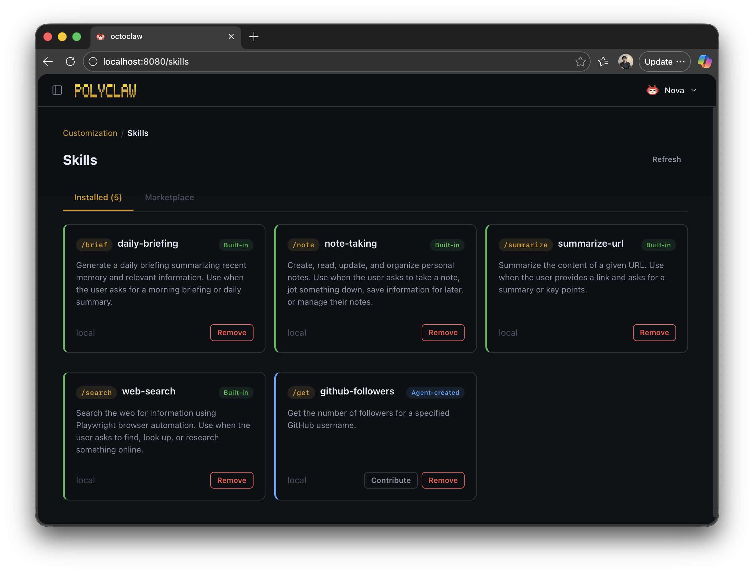 Created skill shown in customization view